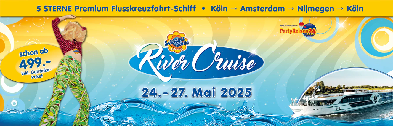 Schlagermove Rivercruise Banner mit tanzender Frau und Schiff